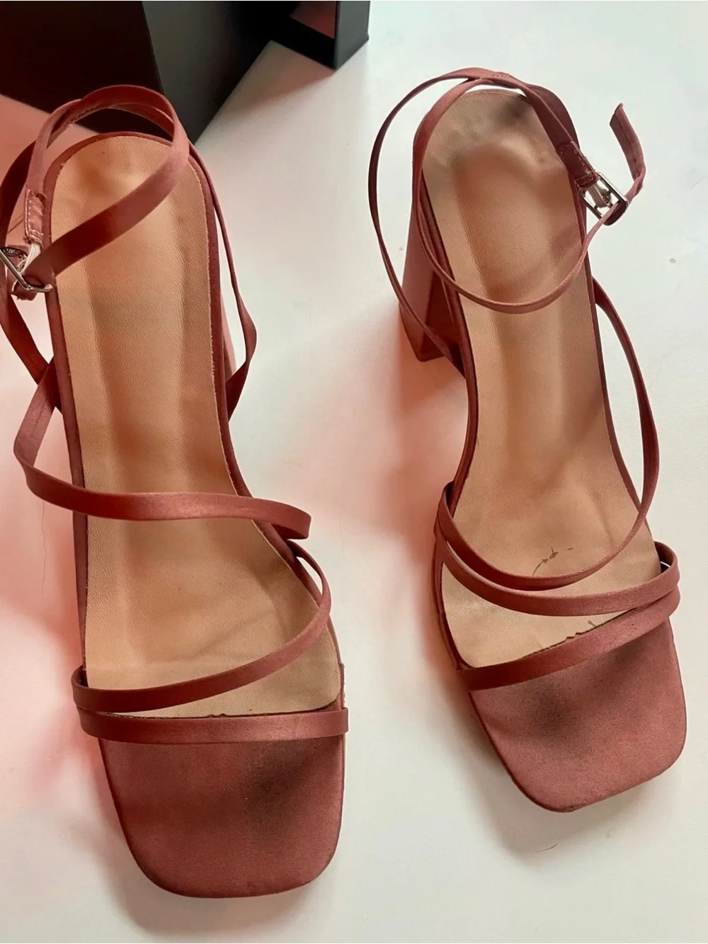 Azazie Satin Strappy Block Heel Sandals in cedar rose